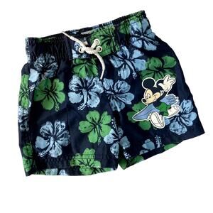 Disney Swim Trunks - Tropical Flowers, Mickey Mouse - Navy Blue Green - 6-9M